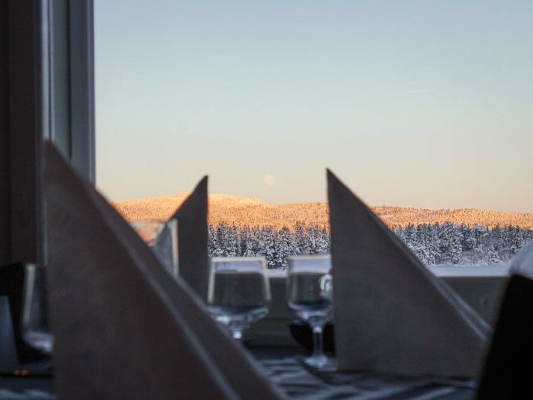 Scenic winter view of snowy trees from a restaurant window with folded napkins on the table.